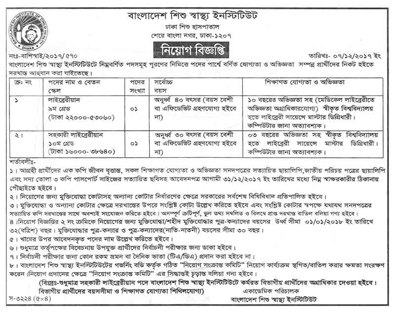বাংলাদেশ শিশু স্বাস্থ্য ইনস্টিটিউটে নিয়োগ বিজ্ঞপ্তি